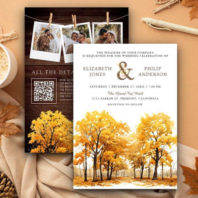 Autumn Fall Oak Trees Forest QR Code Wedding Invitation (Creator Uploaded)