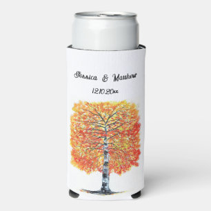 Autumn Fall Orange Leaves Watercolor Wedding Seltzer Can Cooler