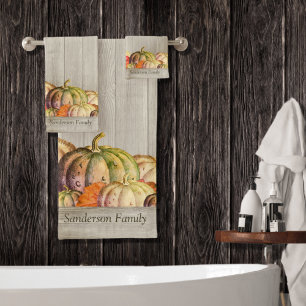 Autumn Fall Orange Pumpkin Rustic Cute Wood Bath T Towel Set