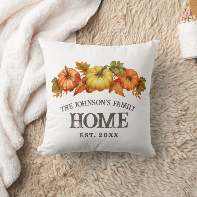 Autumn Fall Orange Pumpkins Farmhouse Family Name Throw Pillow (Blanket)