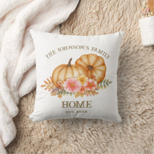 Autumn Fall Orange Pumpkins Farmhouse Family Name Throw Pillow