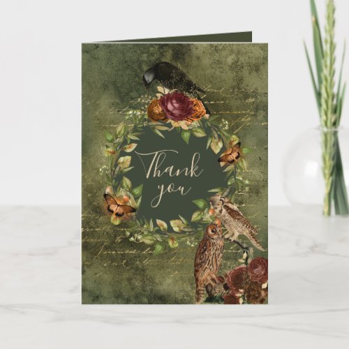 Autumn Fall Owl Raven Woodland Thank You Card