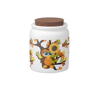 Autumn, Fall Owl with Sunflowers Candy Jar