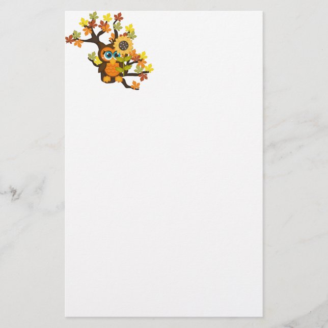 Autumn, Fall Owl with Sunflowers Stationery (Front)