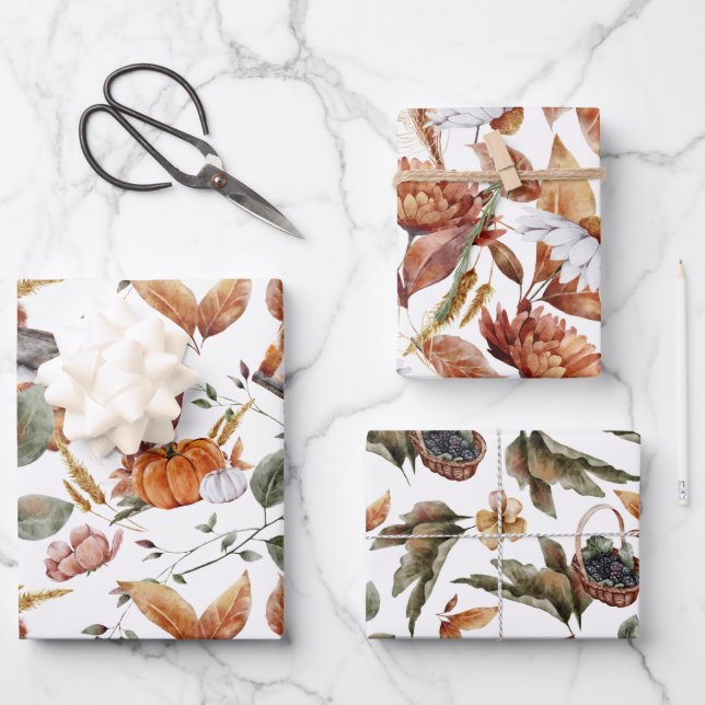 Autumn Fall Patterns in Terracotta, Green, Rust Wrapping Paper Sheets (Front)