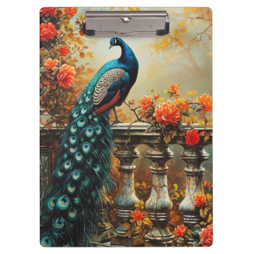 Autumn Fall Peacock and Orange Flowers Clipboard