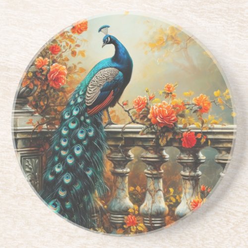 Autumn Fall Peacock and Orange Flowers Coaster