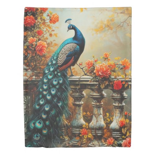 Autumn Fall Peacock and Orange Flowers Duvet Cover