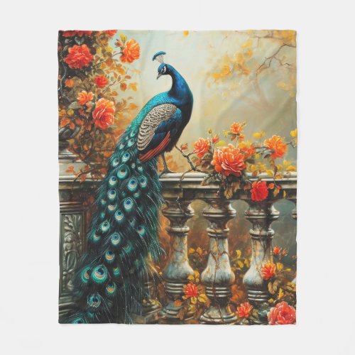 Autumn Fall Peacock and Orange Flowers Fleece Blanket