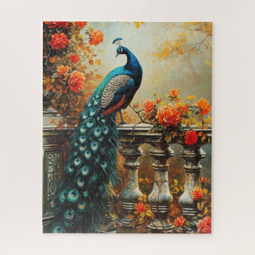 Autumn Fall Peacock and Orange Flowers Jigsaw Puzzle