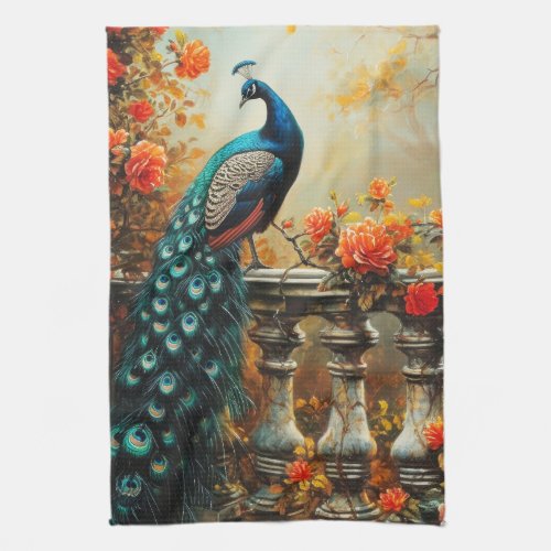 Autumn Fall Peacock and Orange Flowers Kitchen Towel