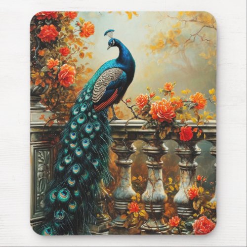 Autumn Fall Peacock and Orange Flowers Mouse Pad