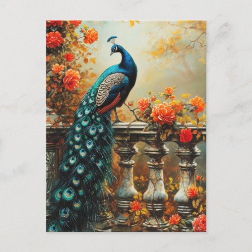 Autumn Fall Peacock and Orange Flowers Postcard