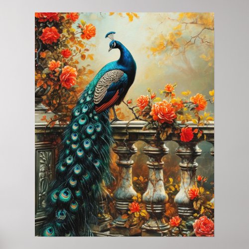 Autumn Fall Peacock and Orange Flowers Poster