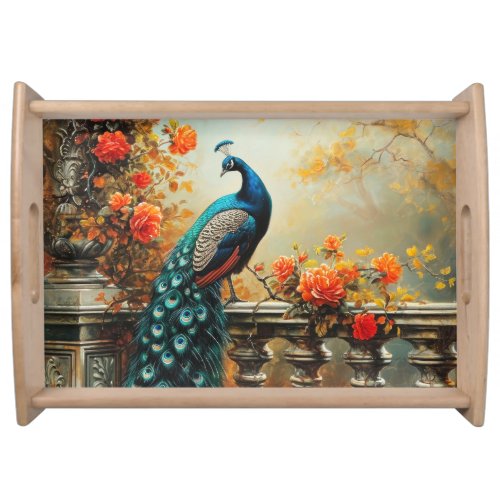 Autumn Fall Peacock and Orange Flowers Serving Tray