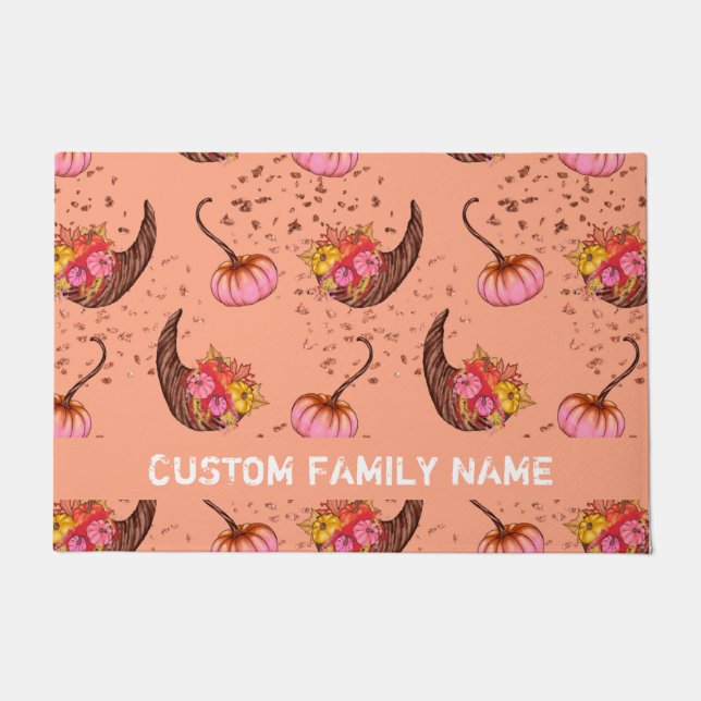 Autumn Fall Pink Pumpkin Door Mat (Front)