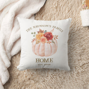 Autumn Fall Pink Pumpkin Farmhouse Family Name Throw Pillow