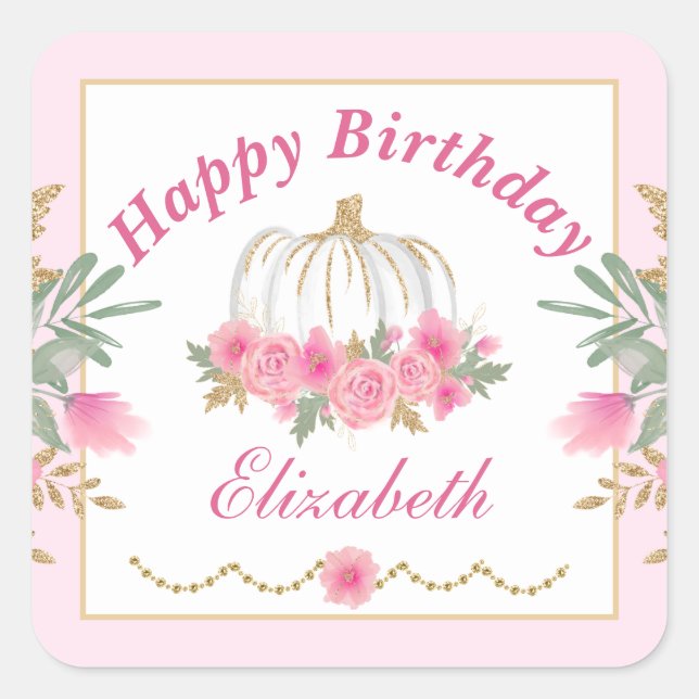 Autumn Fall Pink Pumpkin Gold Happy Birthday Square Sticker (Front)