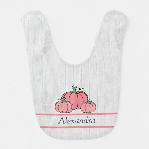 Autumn Fall Pink Pumpkin Rustic Cute Gray Wood   Baby Bib