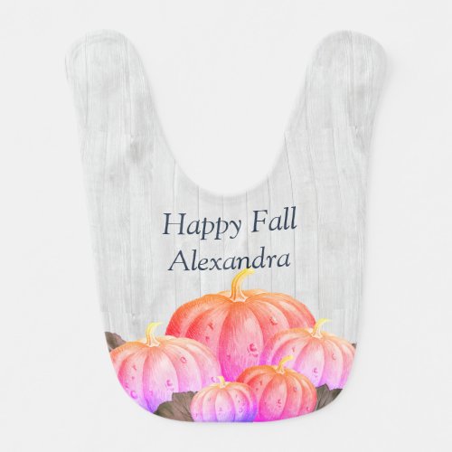 Autumn Fall Pink Pumpkin Rustic Cute Gray Wood  Baby Bib