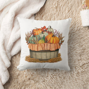Autumn Fall Pumpkin Barrel Farmhouse Throw Pillow