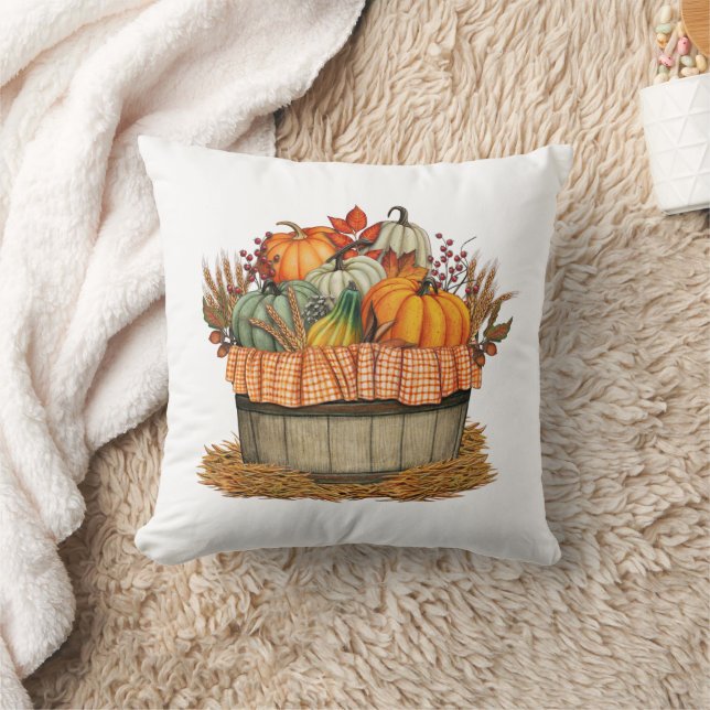 Autumn Fall Pumpkin Barrel Farmhouse Throw Pillow (Blanket)