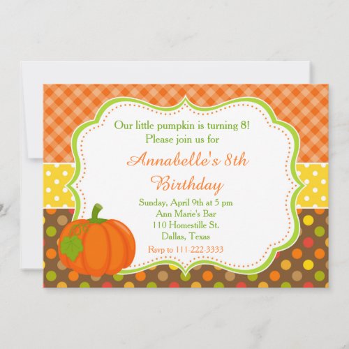 Autumn Fall Pumpkin Birthday Invitation