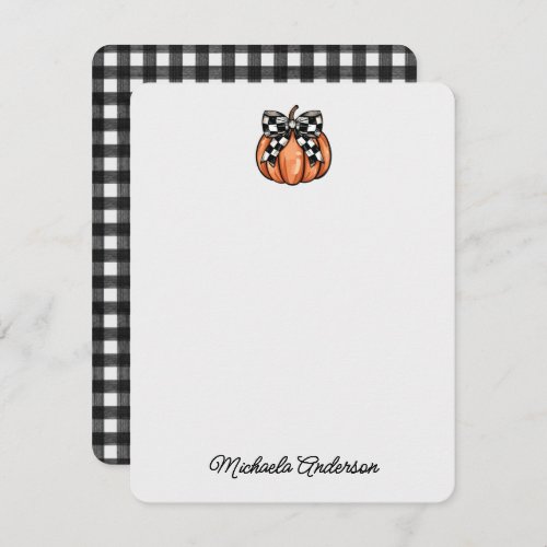 AutumnFall Pumpkin Black  White Check Bow  Name Note Card