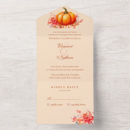 Autumn Fall Pumpkin Botanical Wedding All In One Invitation