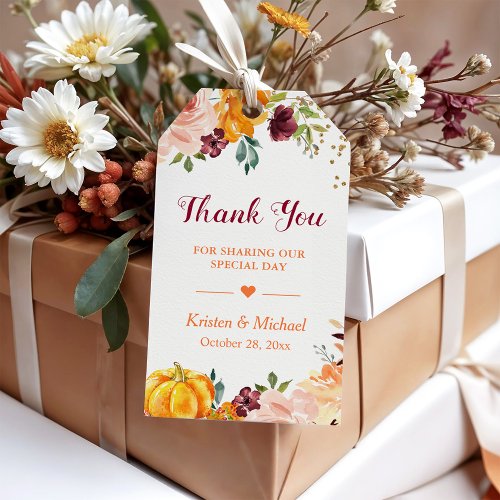 Autumn Fall Pumpkin Burgundy Floral Thank You Gift Tags