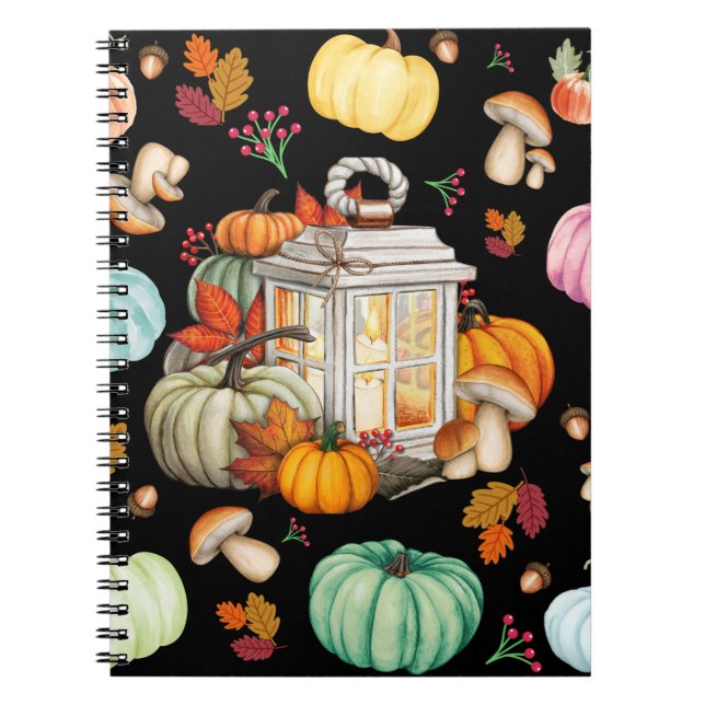 Autumn Fall Pumpkin Design On Black Notebook (Front)