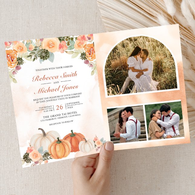 Autumn Fall Pumpkin Floral Photo QR Code Wedding Invitation (Creator Uploaded)