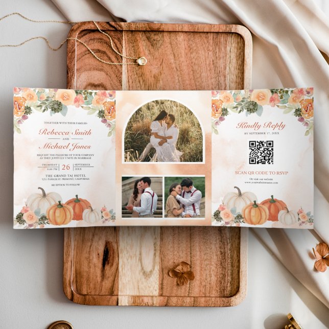 Autumn Fall Pumpkin Floral Photo QR Code Wedding Tri-Fold Invitation