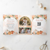 Autumn Fall Pumpkin Floral Photo QR Code Wedding Tri-Fold Invitation (Inside)
