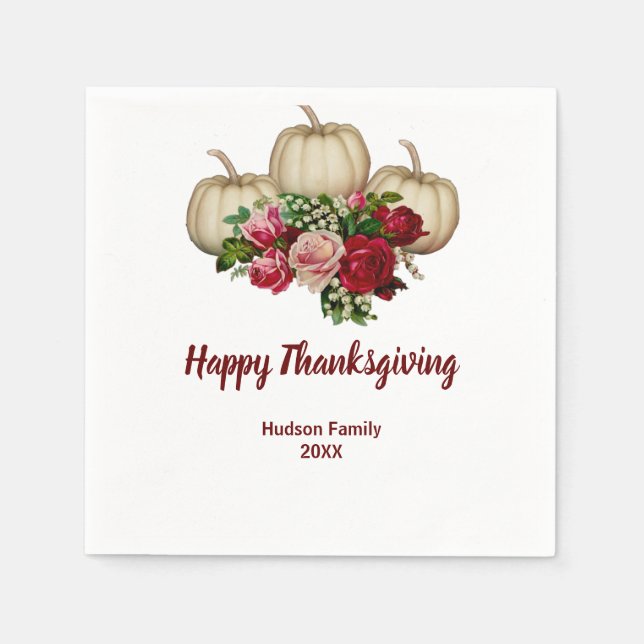 Autumn Fall Pumpkin Maroon Roses Thanksgiving Napkins (Front)