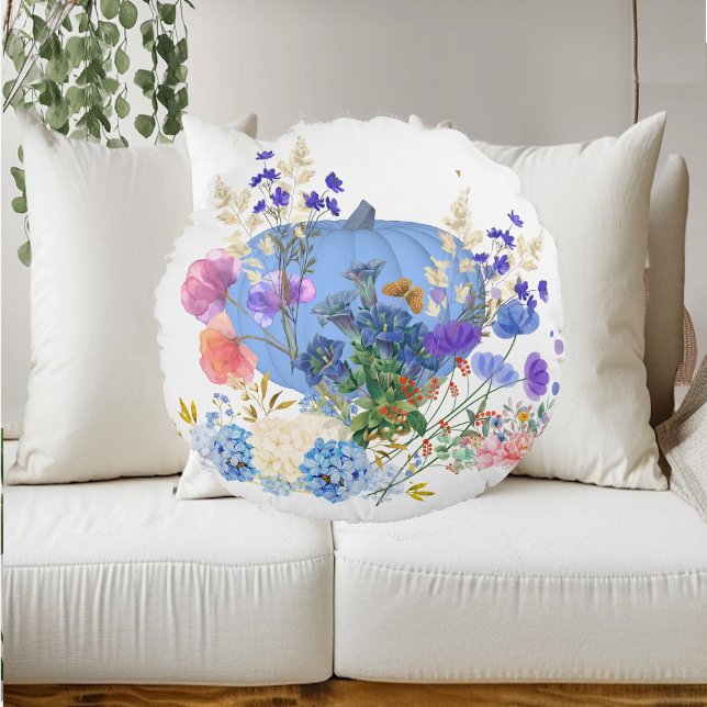 Autumn Fall Pumpkin Pastel Blue Botanical Floral Round Pillow (Autumn Fall Pumpkin Pastel Blue Botanical Floral Round Pillow)