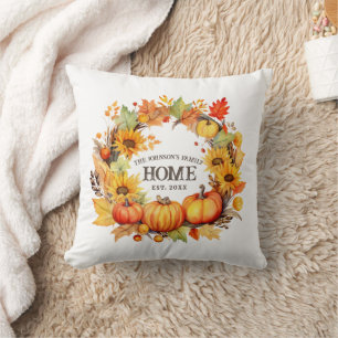 Autumn Fall Pumpkins & Sunflowers Family Name Throw Pillow