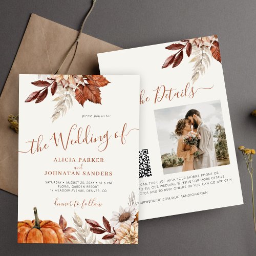 Autumn fall QR code boho botanical wedding Invitation