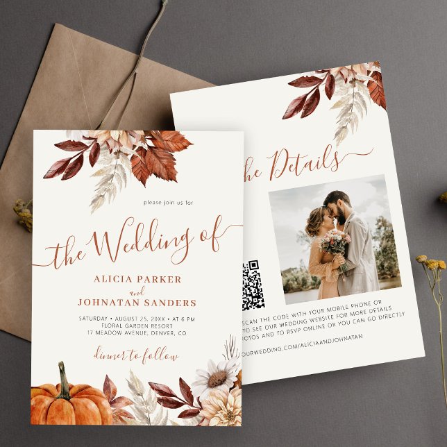 Autumn fall QR code boho botanical wedding Invitation (Creator Uploaded)