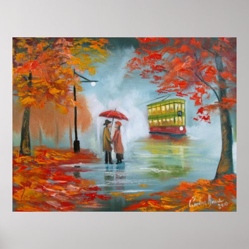 Autumn fall rainday red umbrella romantic poster