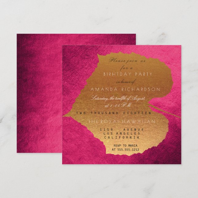 Autumn Fall Raspberry Golden Leaves Birthday Party Invitation (Front/Back)