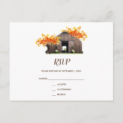 Autumn Fall Rustic Barn Wedding RSVP Postcard