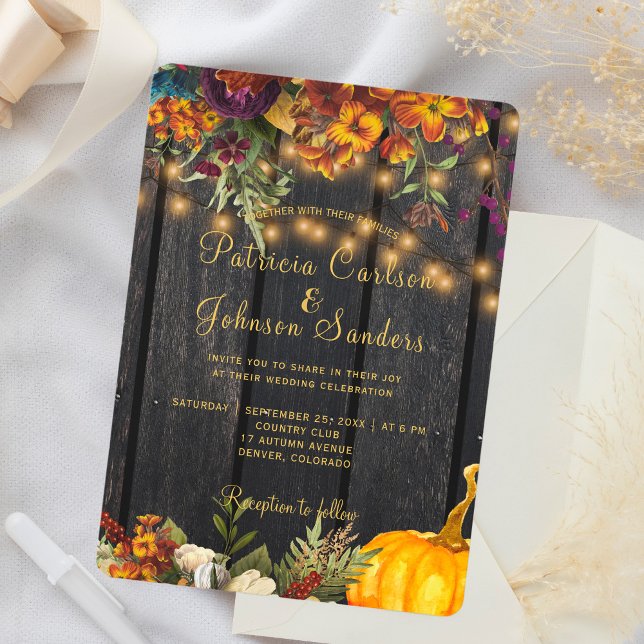 Autumn fall rustic barn wood floral wedding invitation (Creator Uploaded)