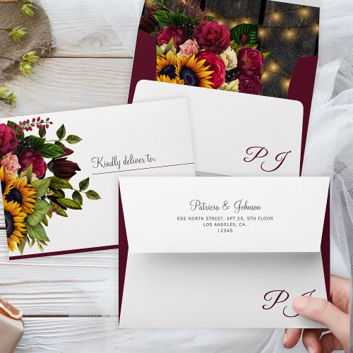 Autumn fall rustic elegant burgundy floral wedding envelope