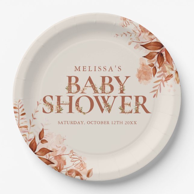 Autumn Fall Rustic Floral Baby Shower Paper Plates (Front)