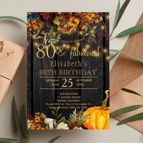 Autumn fall rustic floral chic 80 fabulous years invitation