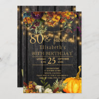 Autumn fall rustic floral chic 80 fabulous years invitation