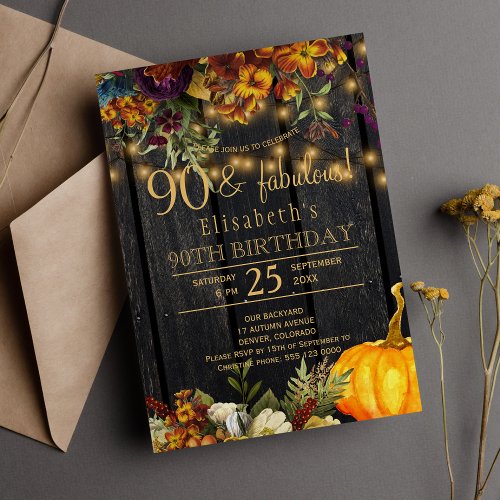 Autumn fall rustic floral chic 90 fabulous years invitation