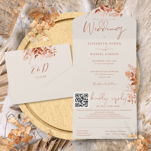 Autumn Fall Rustic Floral QR Code Wedding All In One Invitation