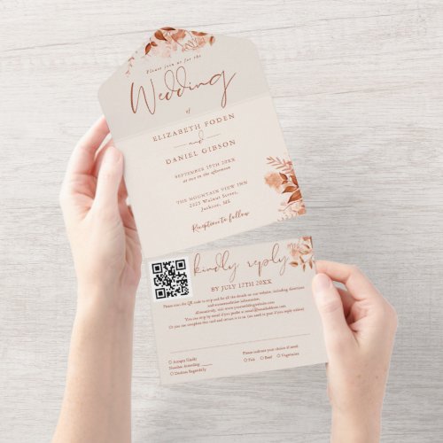 Autumn Fall Rustic Floral QR Code Wedding All In One Invitation